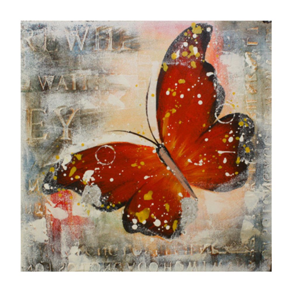 Tablou pictat manual Butterfly rosu, 40x40cm