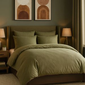 Lenjerie pat 2 persoane STONEWASHED 3 piese oliv